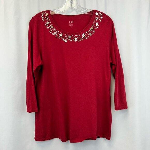 J Jill Womens Gilded Tee T-Shirt Red Long Sleeve Scoop Neck Embellished Sequin M - Picture 1 of 11
